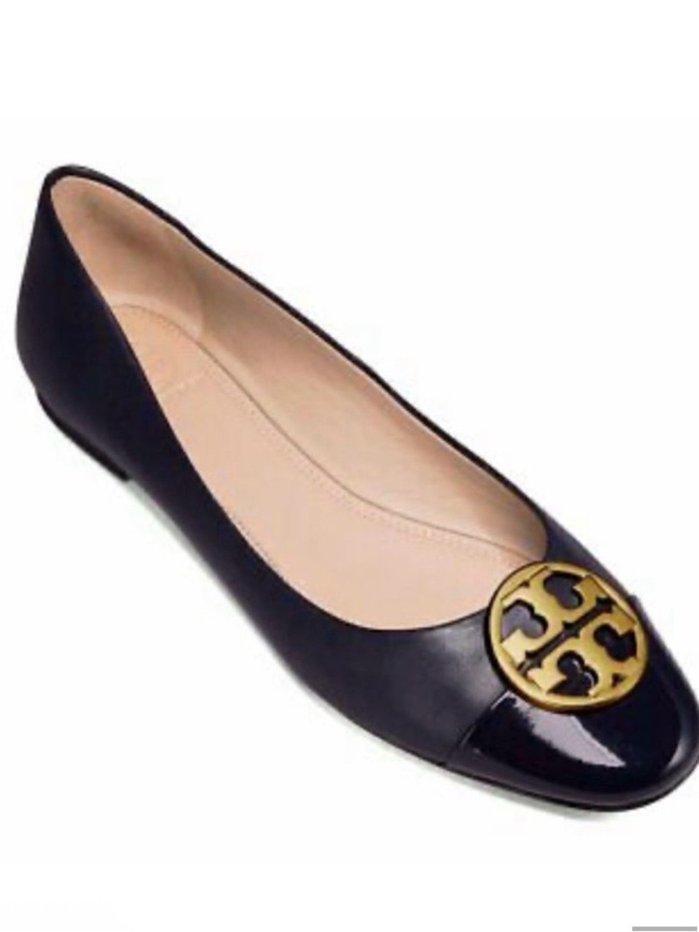 Tory Burch Chelsea Leather Gold Tone Patent Logo cap - toe flat shoes black 7.5